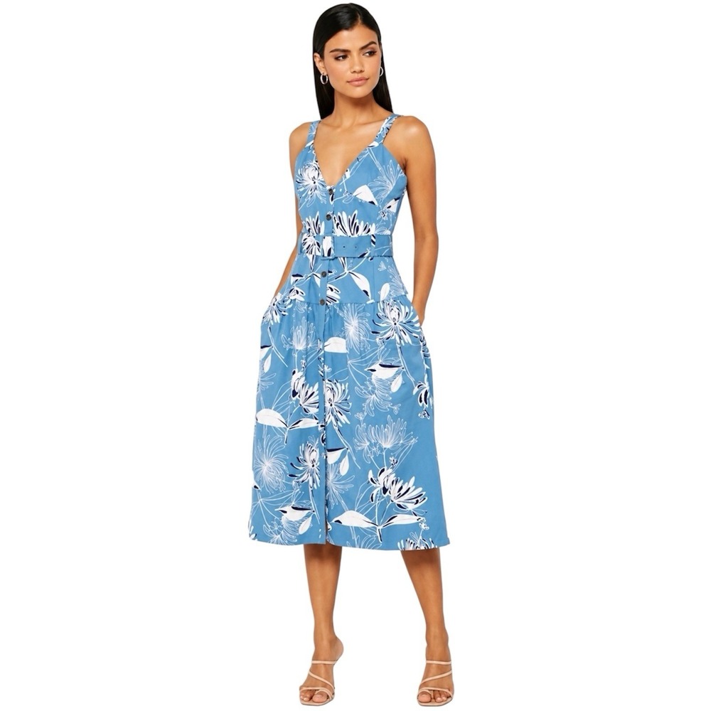 Reiss Noah Belted Sundress Blue White Floral Cotton Blend Adjustable Straps.Sz 2